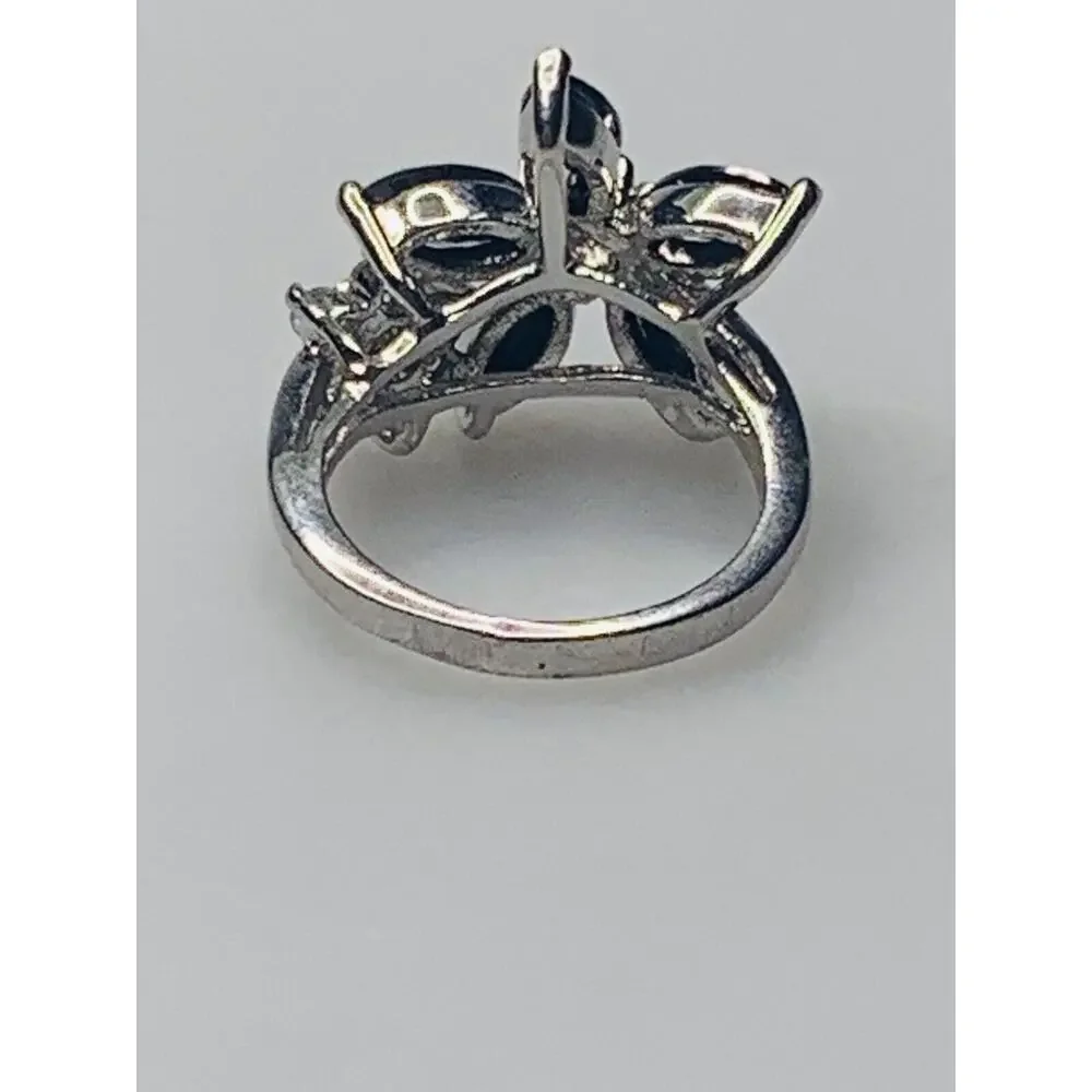 Black & Clear Flower Ring, Black Marquise Stones, Clear Stone Cluster, Cocktail